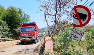 Truck Tronton lewati Jembatan Kecil