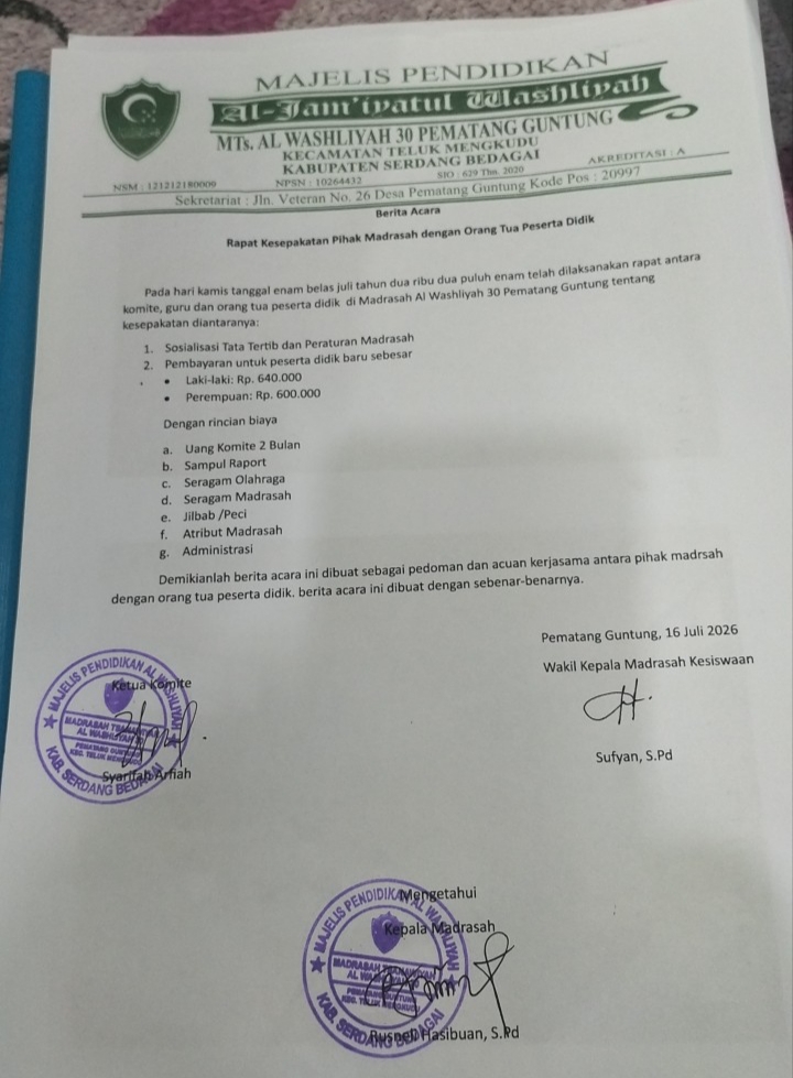 Soroti Sanggahan Kamad MTs Al Washliyah 30 Pematang Guntung, Publik Minta Transparansi Total dan Perbaikan Dokumen Cacat Administrasi.